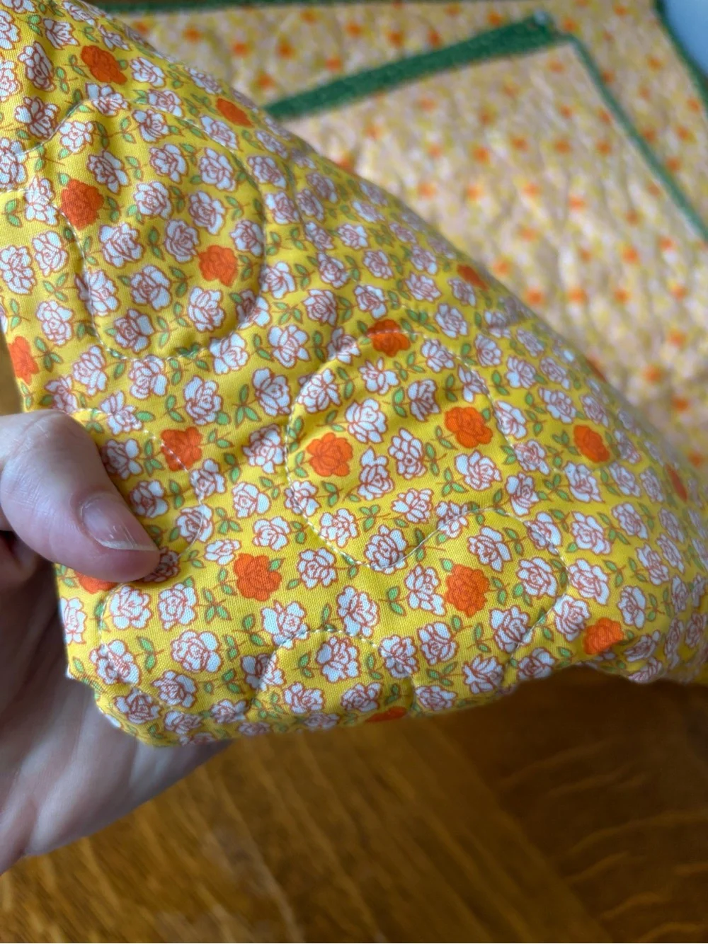 Handmade Yellow Green Patchwork Quilt Orange Floral Vines 36